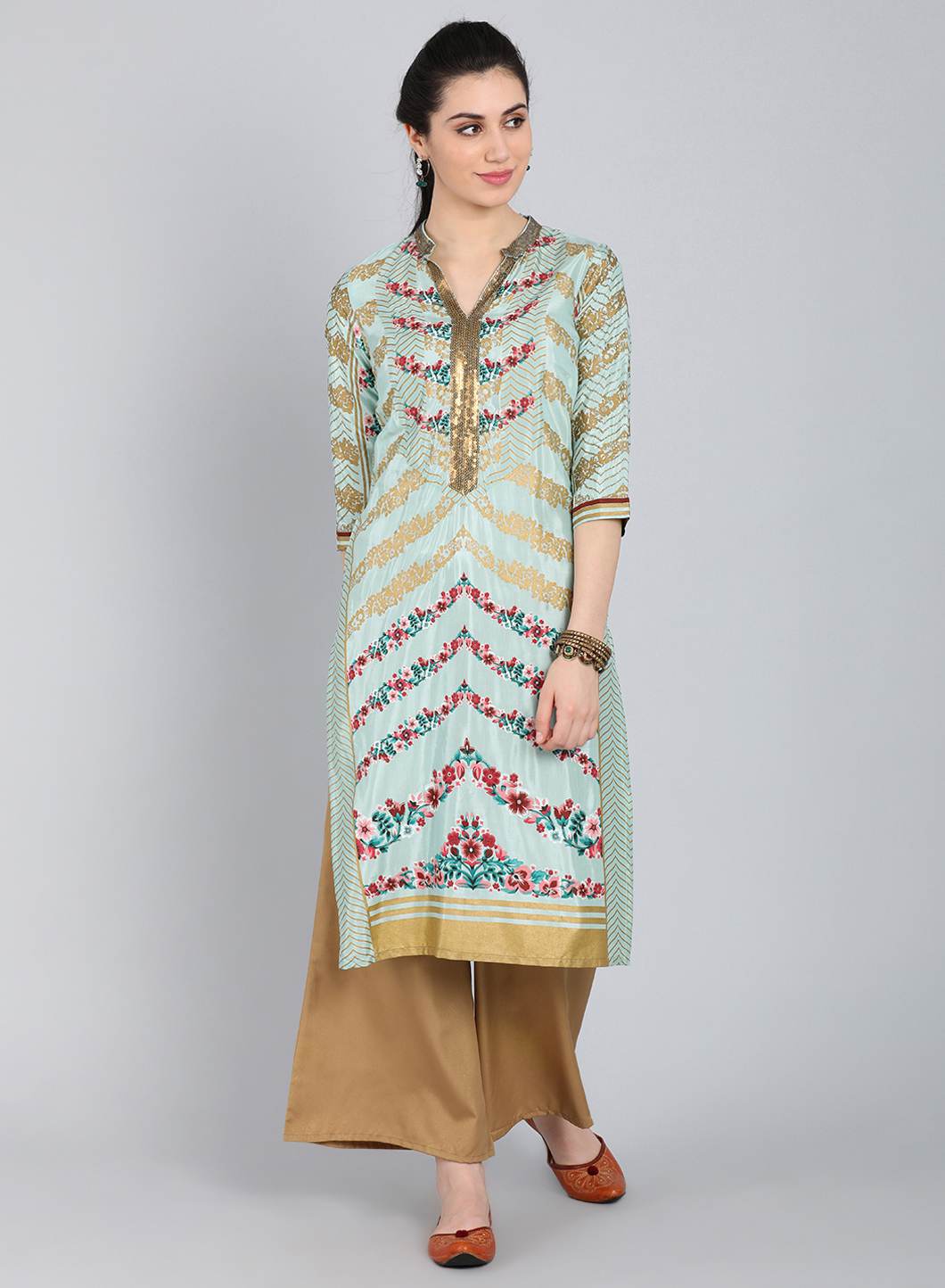 W for Woman Blue Mandarin Neck Printed kurta