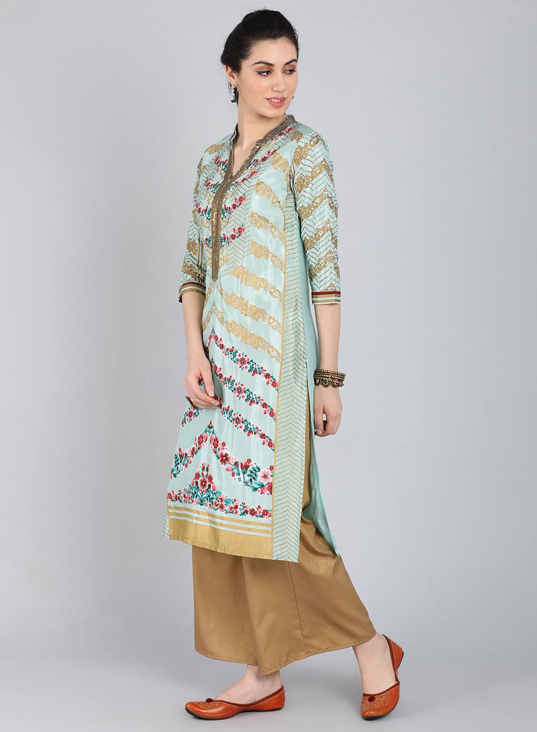 W for Woman Blue Mandarin Neck Printed kurta