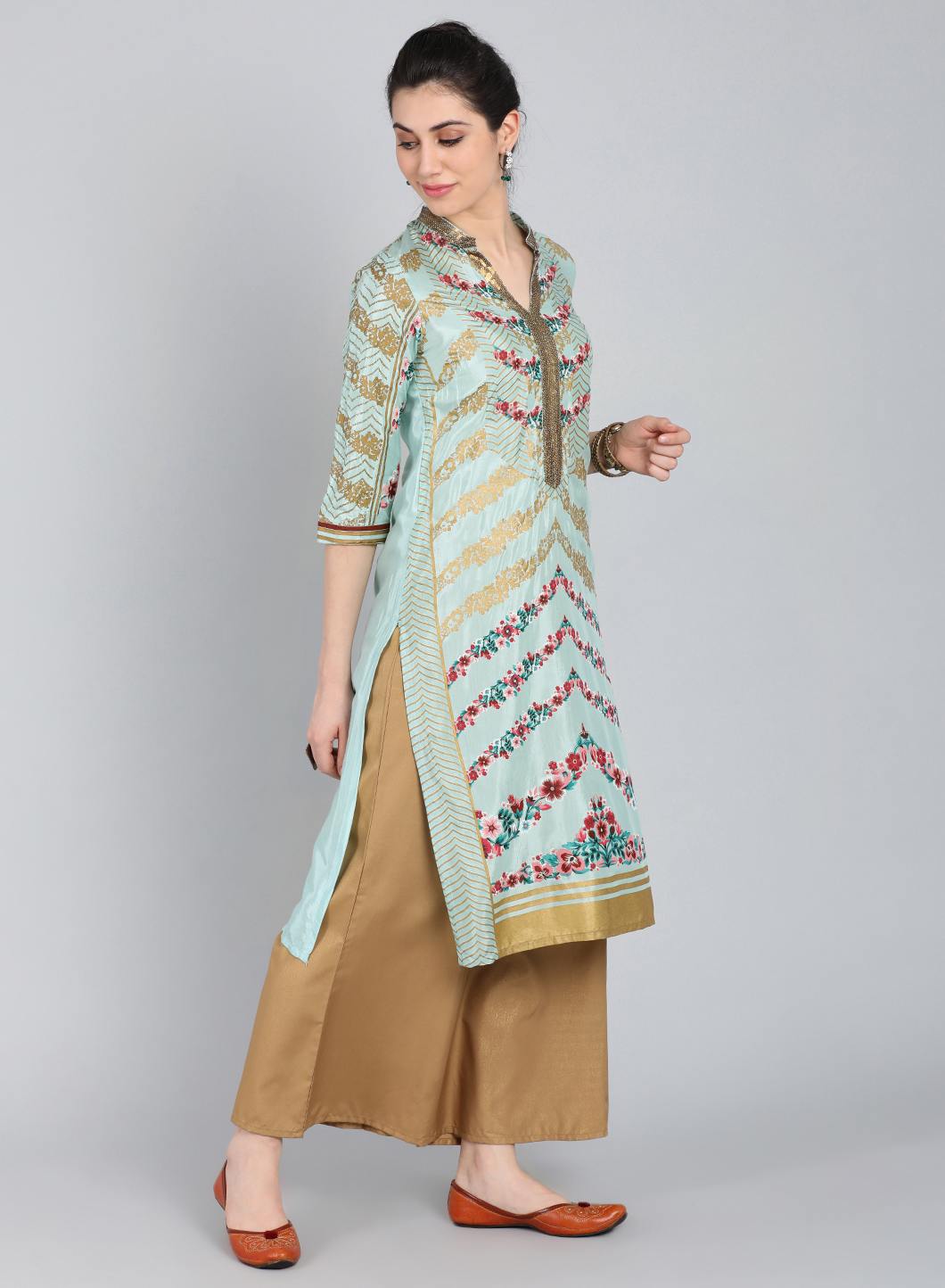 W for Woman Blue Mandarin Neck Printed kurta