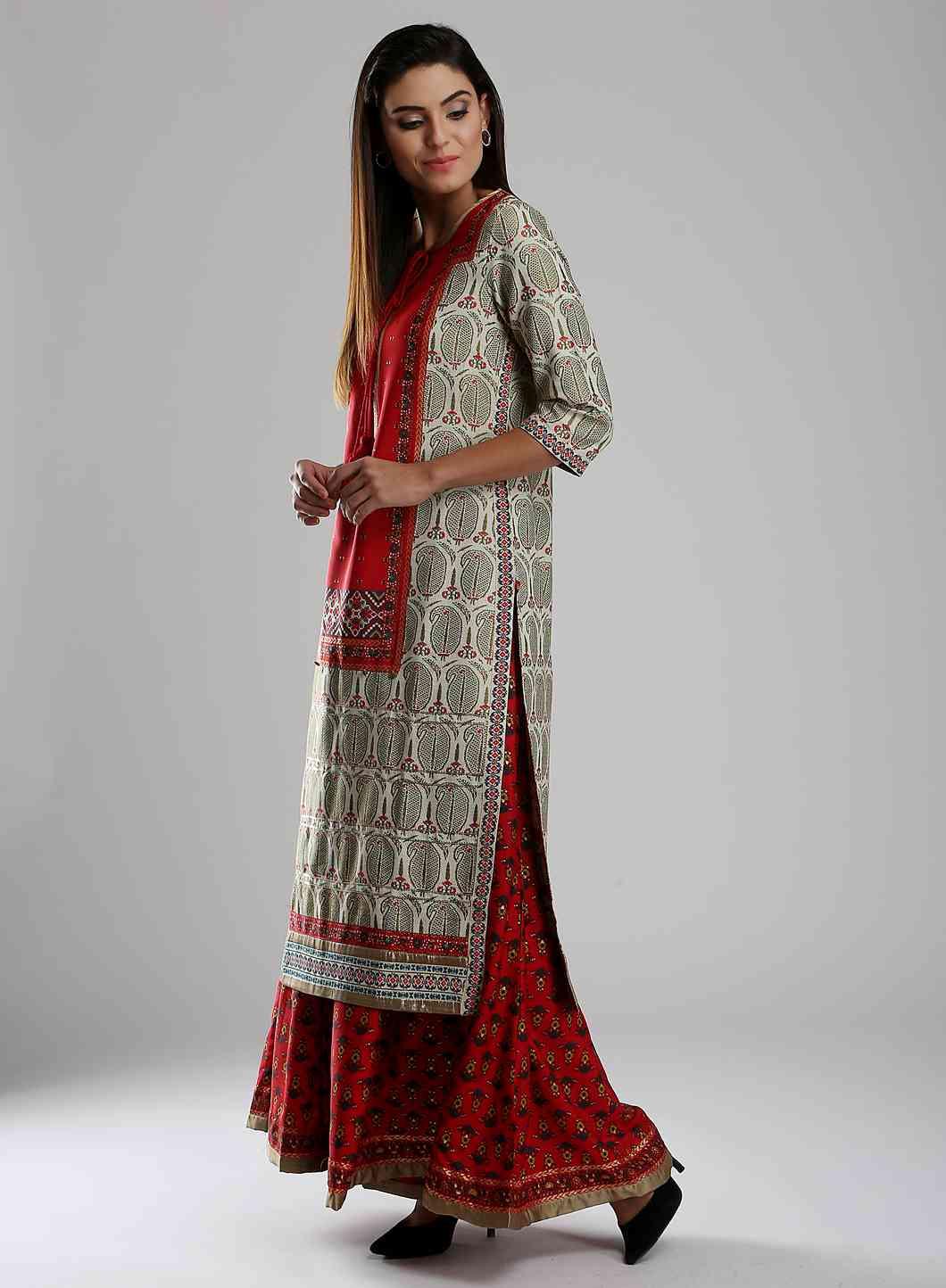 W for Woman Off-White & Red Printed kurta