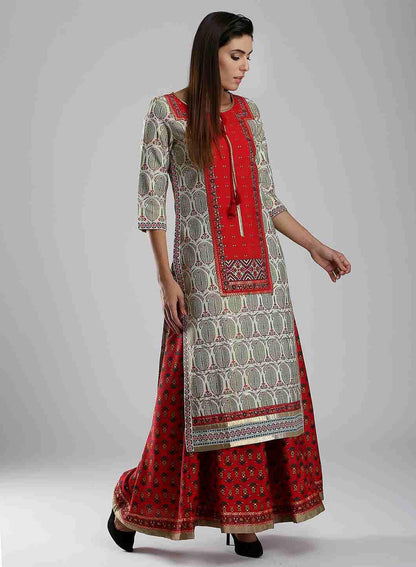 W for Woman Off-White & Red Printed kurta