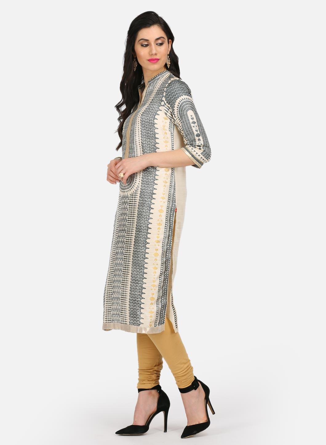 W for Woman Grey Printed Mandarin Neck kurta