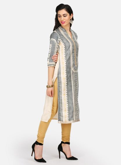 W for Woman Grey Printed Mandarin Neck kurta