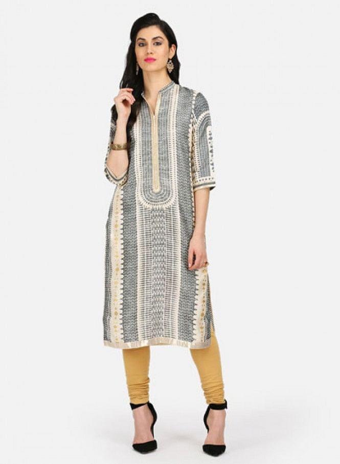 W for Woman Grey Printed Mandarin Neck kurta