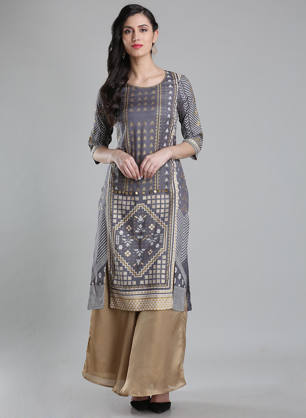 W for Woman Grey Printed Round Neck kurta