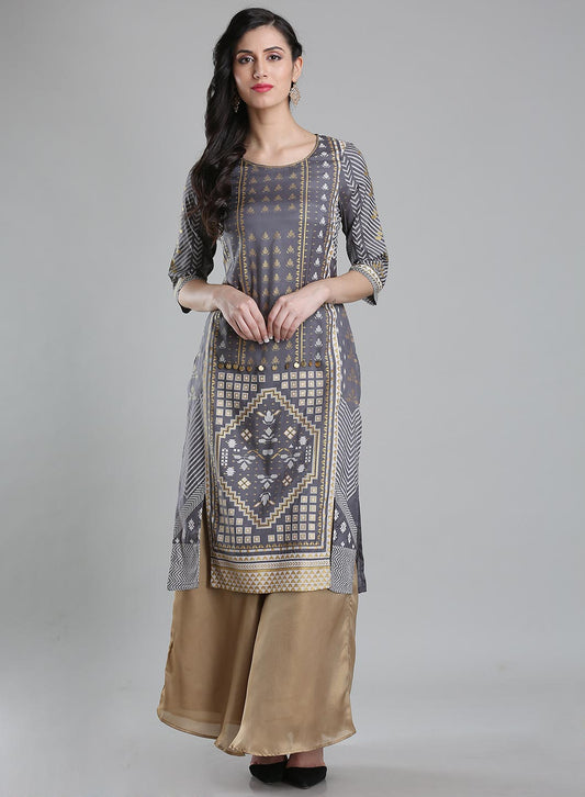 W for Woman Grey Printed Round Neck kurta