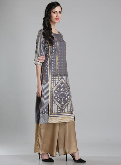 W for Woman Grey Printed Round Neck kurta