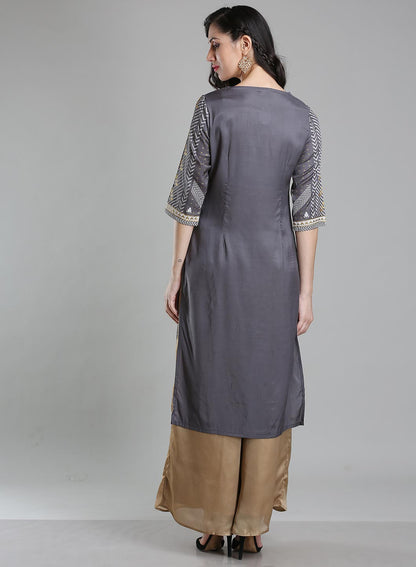 W for Woman Grey Printed Round Neck kurta
