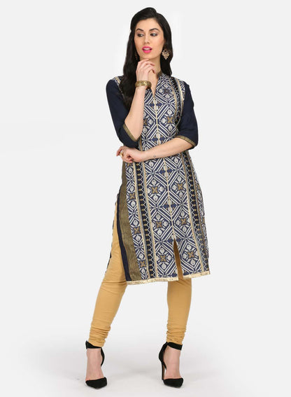 W for Woman Blue Printed Mandarin Neck kurta