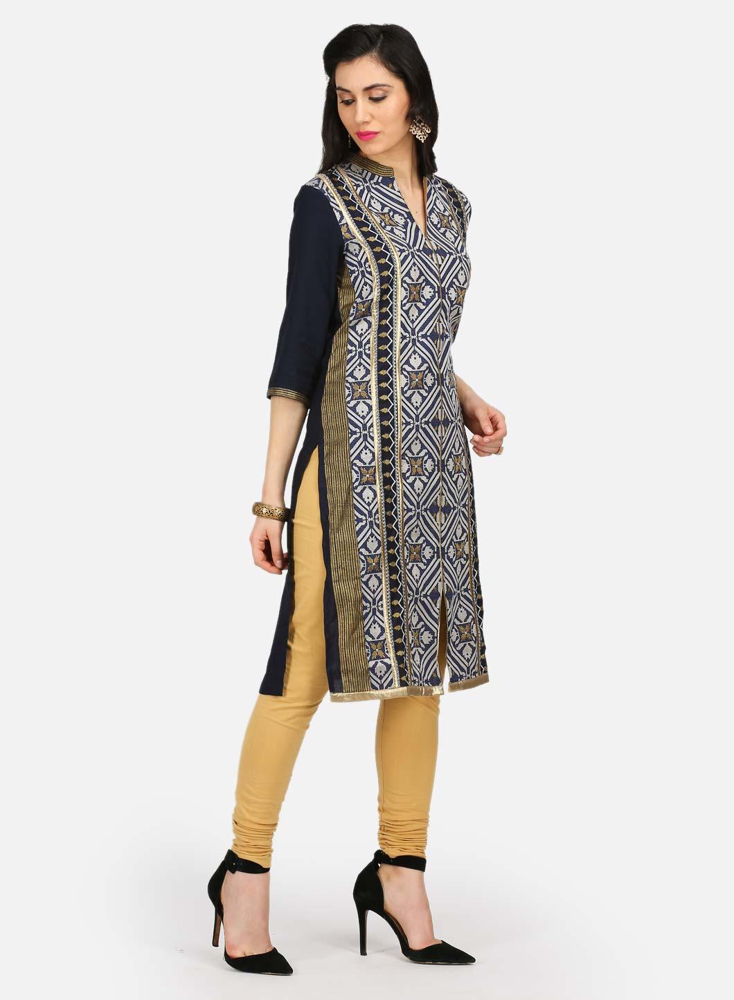W for Woman Blue Printed Mandarin Neck kurta