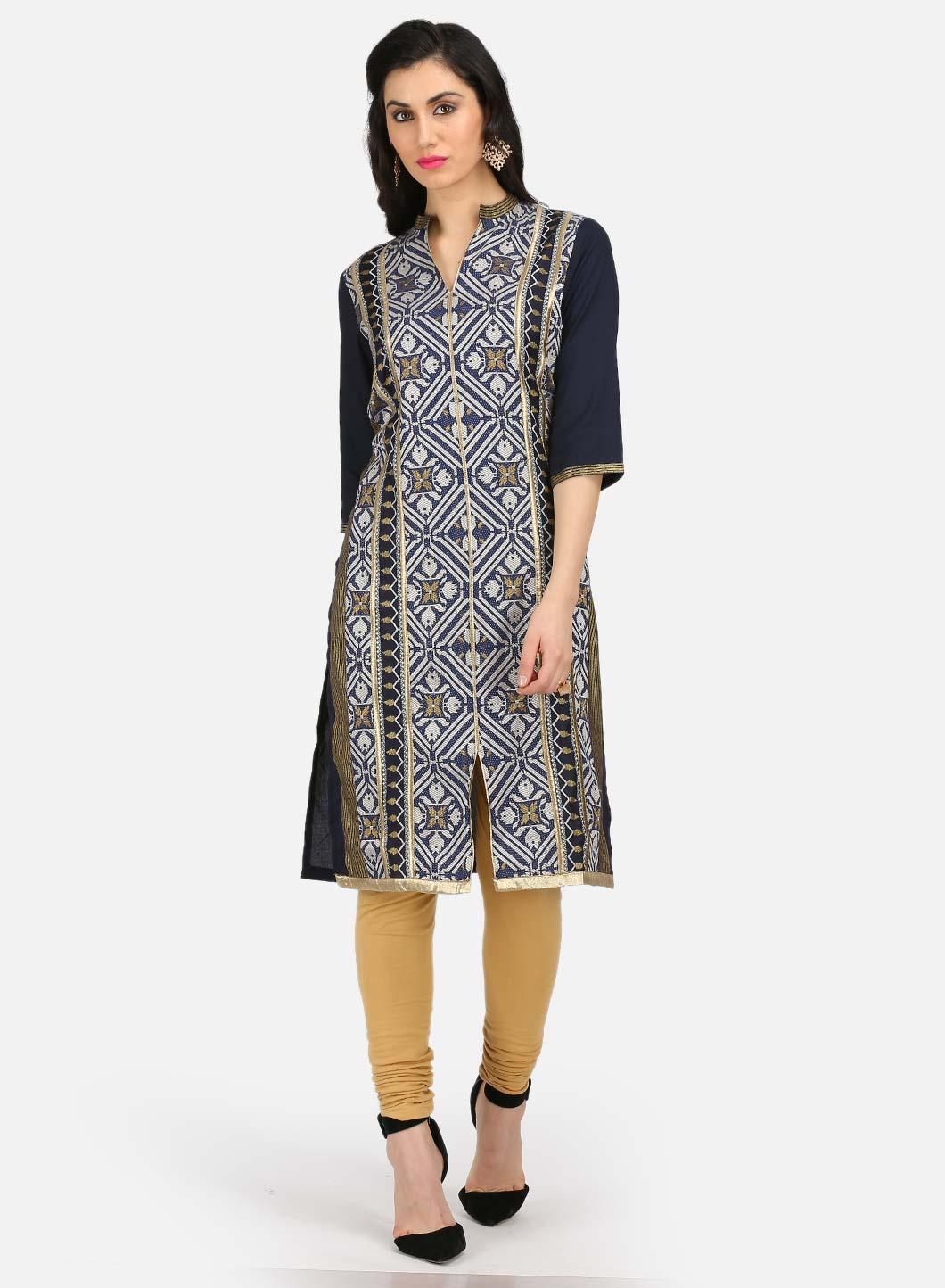 W for Woman Blue Printed Mandarin Neck kurta