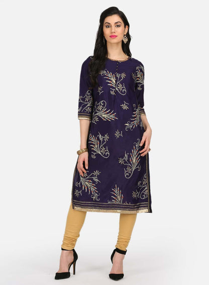 W for Woman Purple Embellished Round Neck kurta