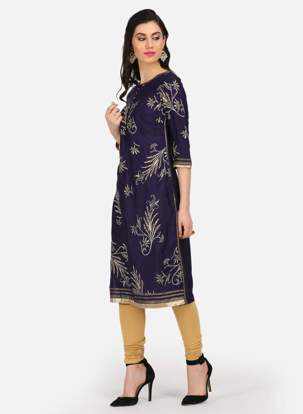 W for Woman Purple Embellished Round Neck kurta