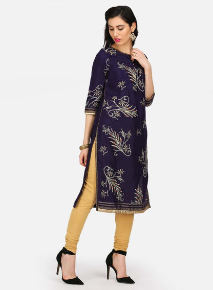 W for Woman Purple Embellished Round Neck kurta