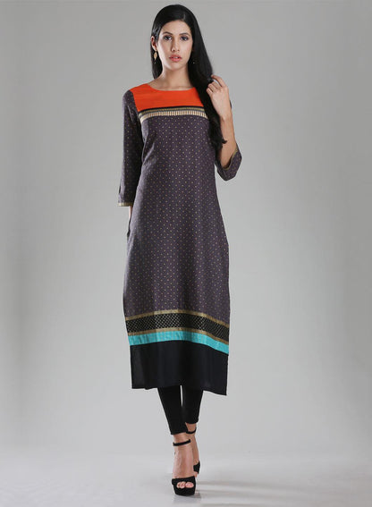 W for Woman Grey Boat Neck Printed kurta