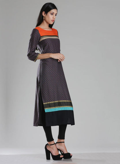 W for Woman Grey Boat Neck Printed kurta