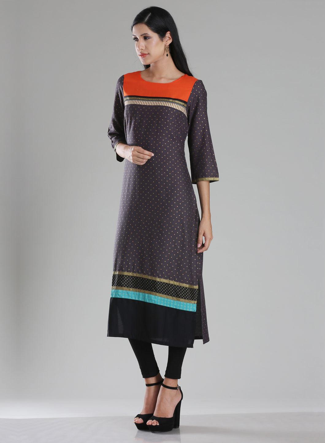 W for Woman Grey Boat Neck Printed kurta