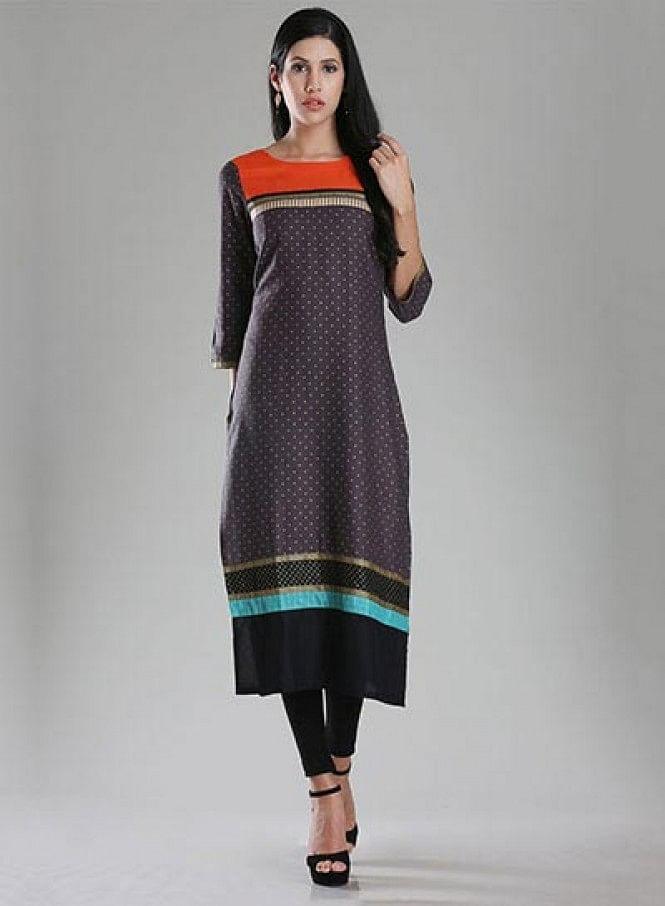 W for Woman Grey Boat Neck Printed kurta