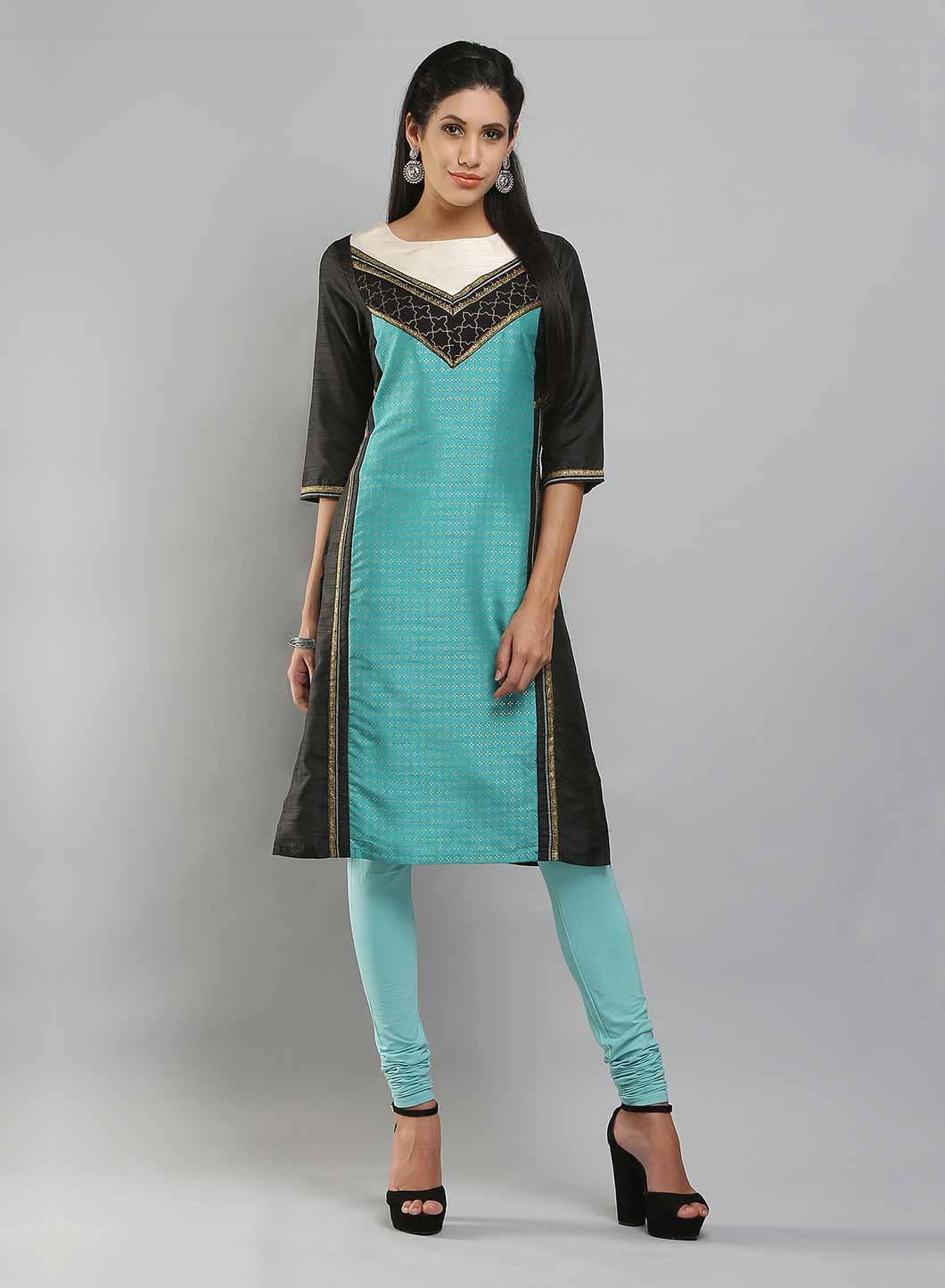 W for Woman Black & Aqua Blue Boat Neck Printed kurta