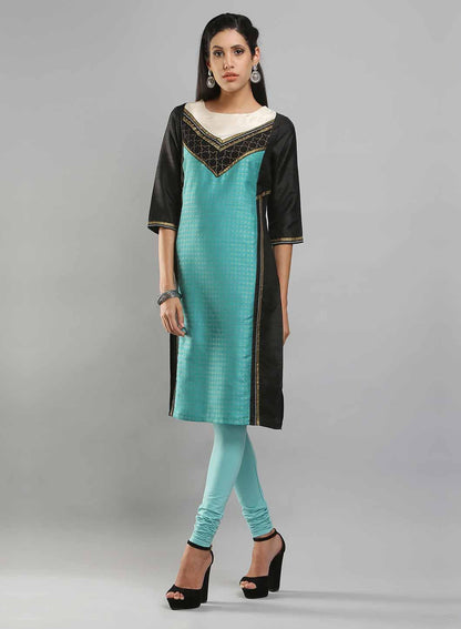W for Woman Black & Aqua Blue Boat Neck Printed kurta