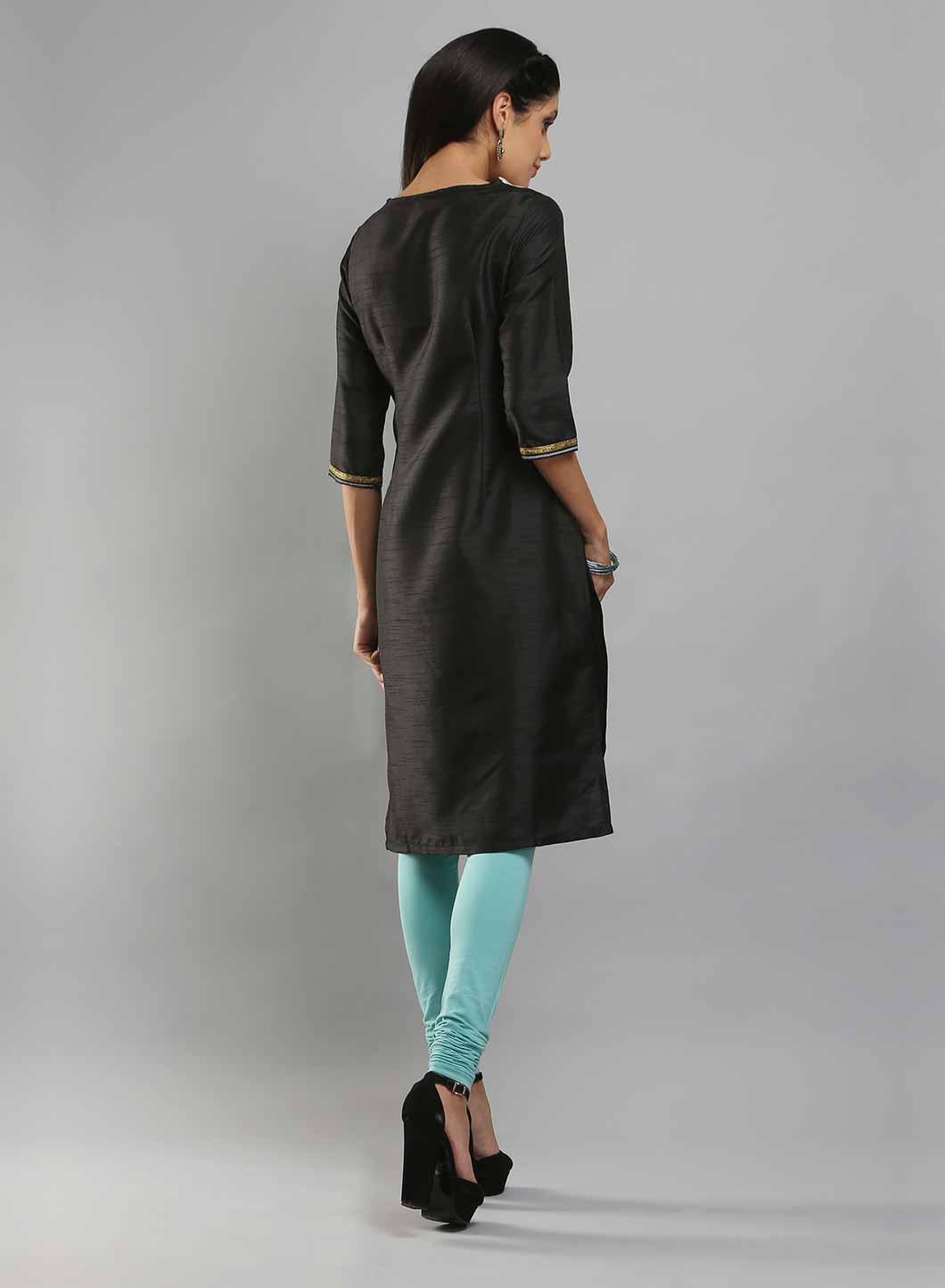 W for Woman Black & Aqua Blue Boat Neck Printed kurta