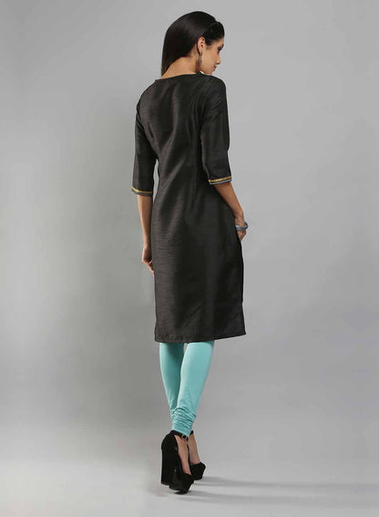 W for Woman Black & Aqua Blue Boat Neck Printed kurta
