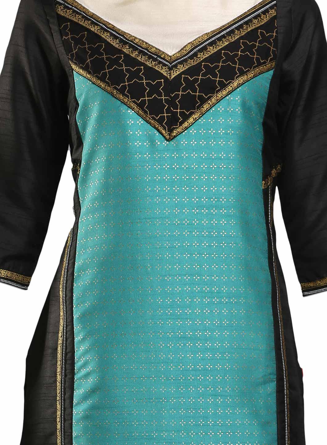 W for Woman Black & Aqua Blue Boat Neck Printed kurta