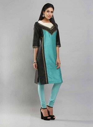 W for Woman Black & Aqua Blue Boat Neck Printed kurta
