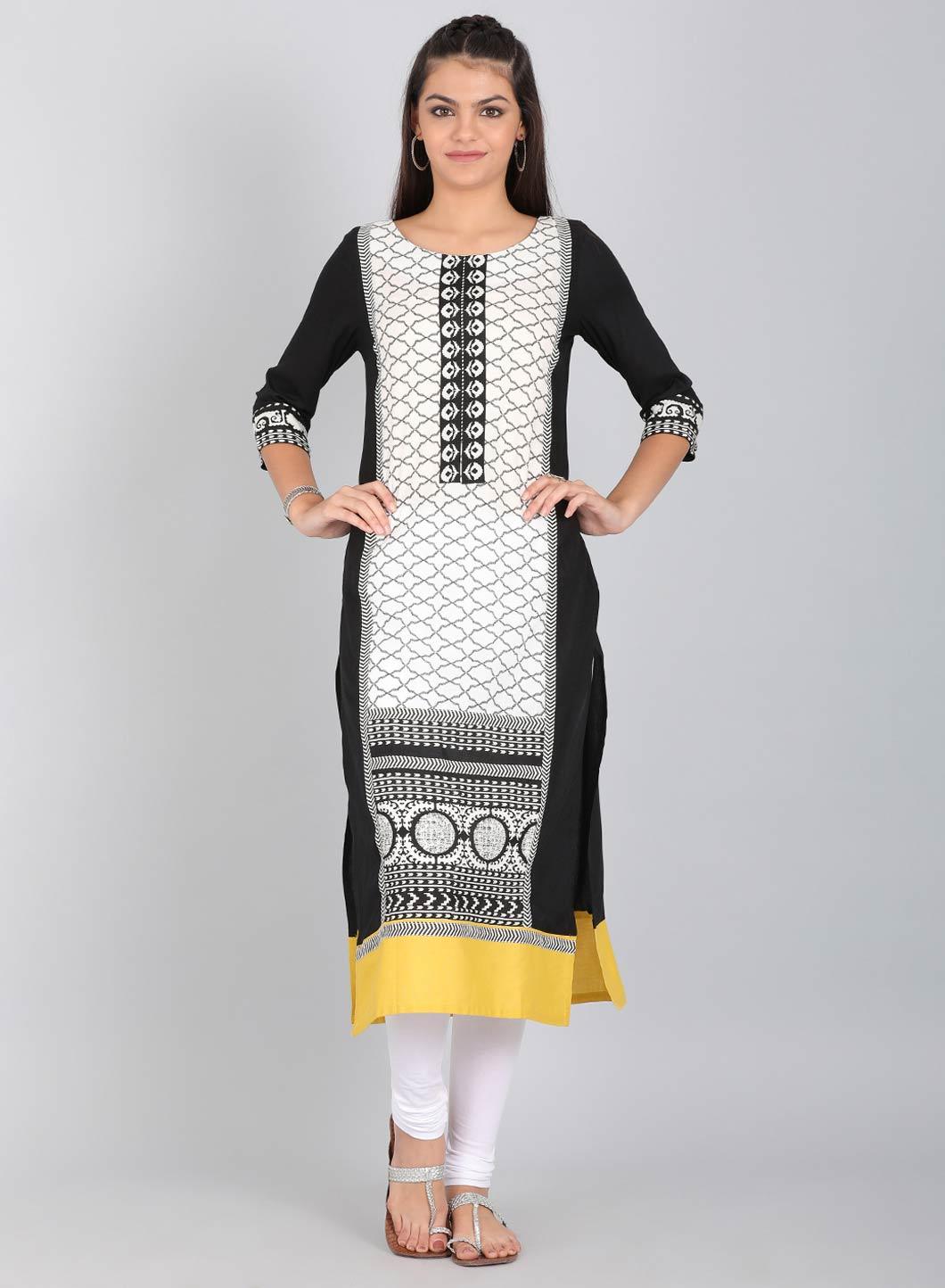 W for Woman Black & White Round Neck Printed kurta