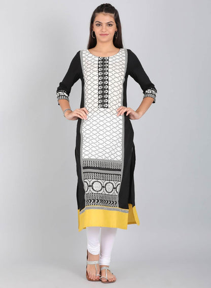 W for Woman Black & White Round Neck Printed kurta