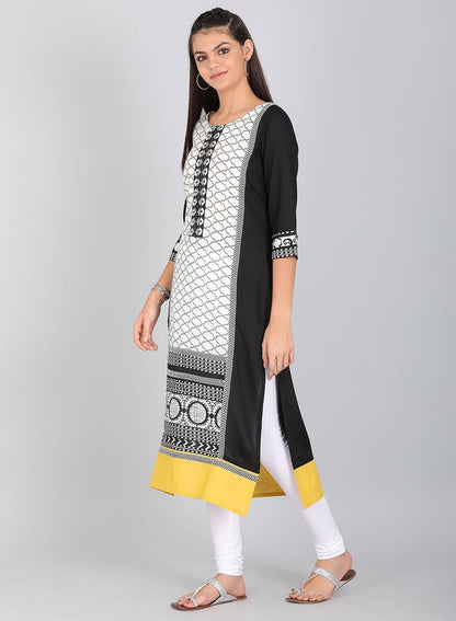 W for Woman Black & White Round Neck Printed kurta