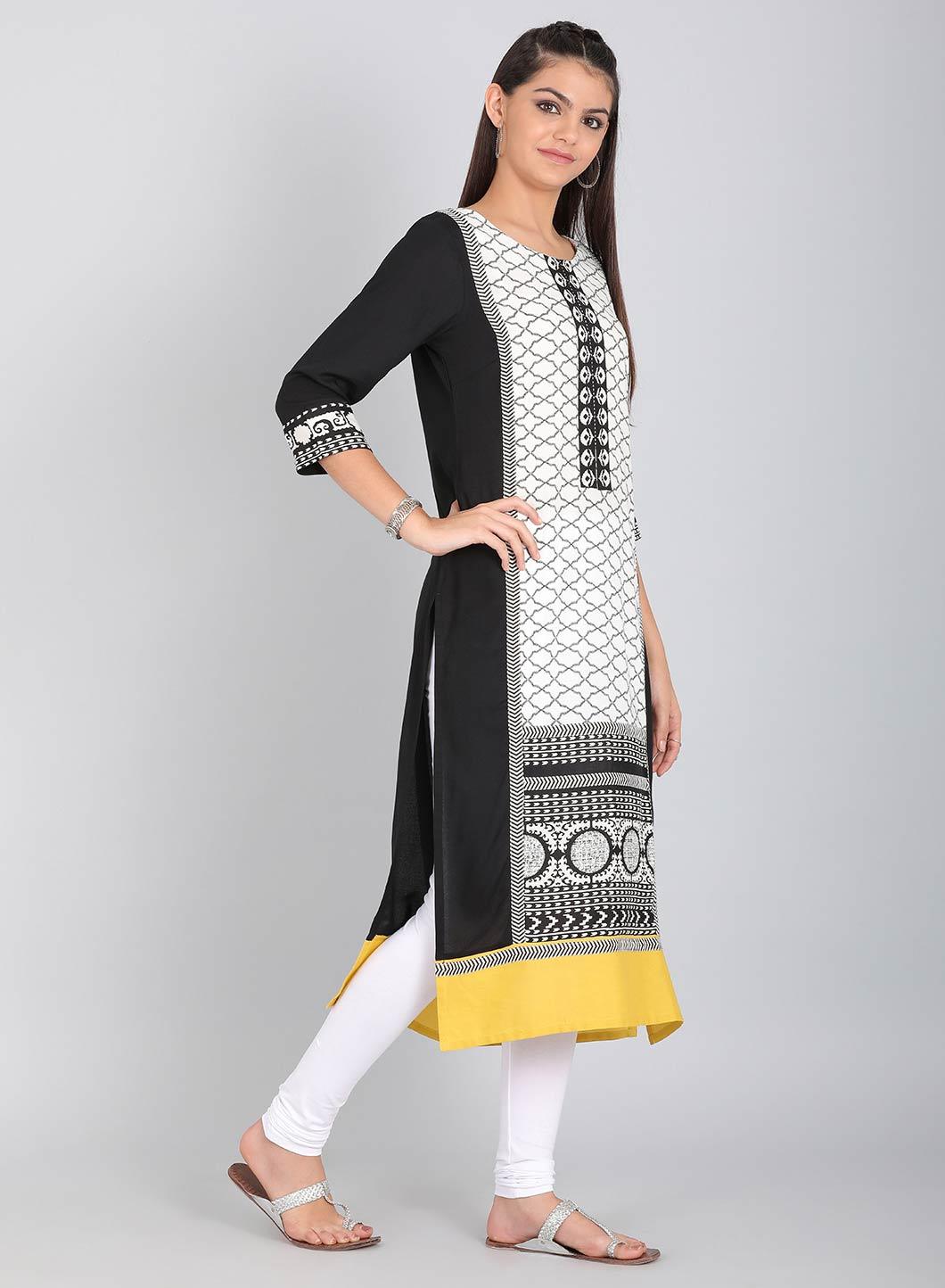 W for Woman Black & White Round Neck Printed kurta