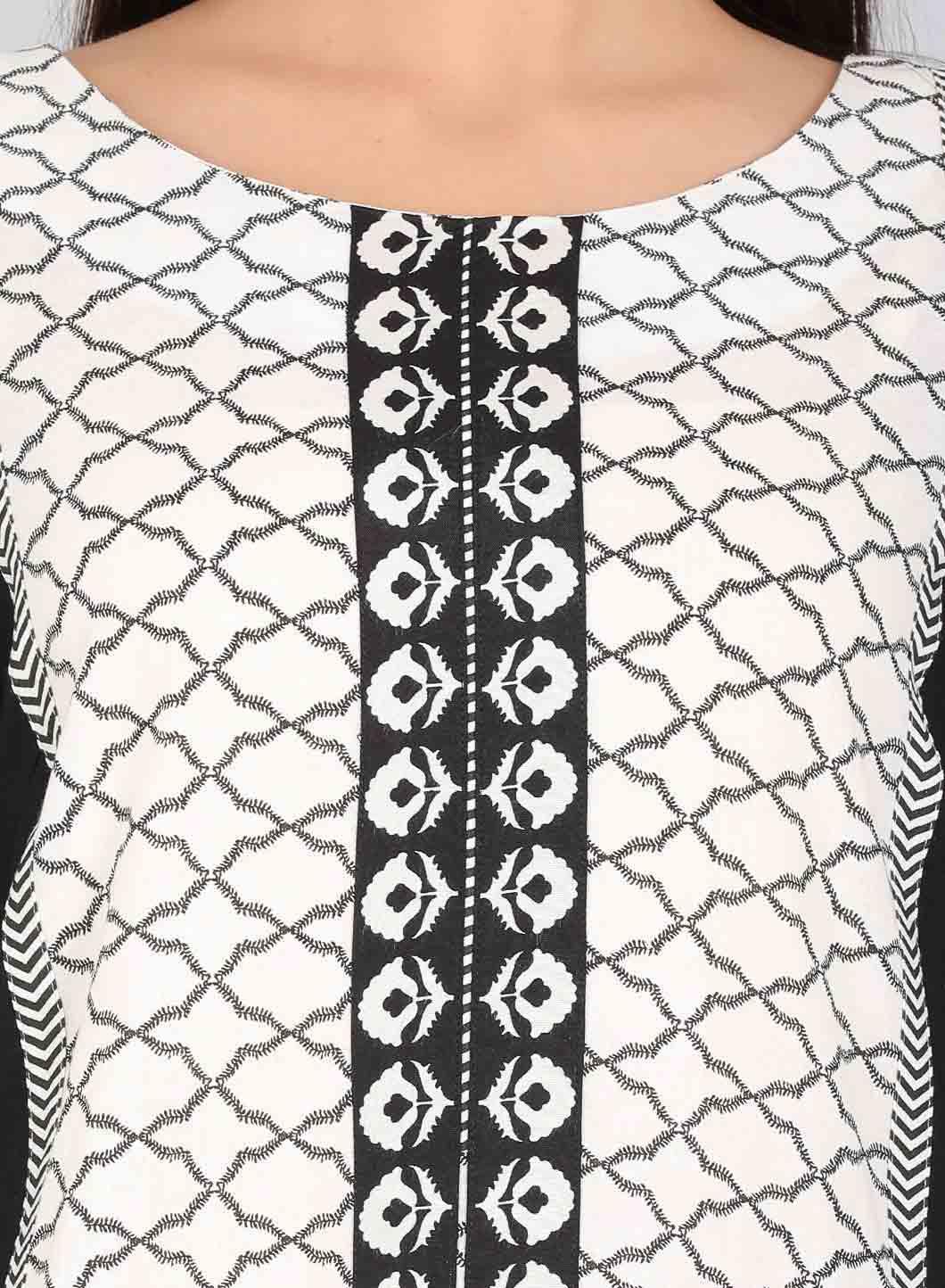 W for Woman Black & White Round Neck Printed kurta