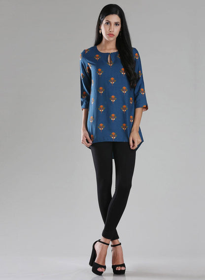 W for Woman Navy Round Neck Printed Top