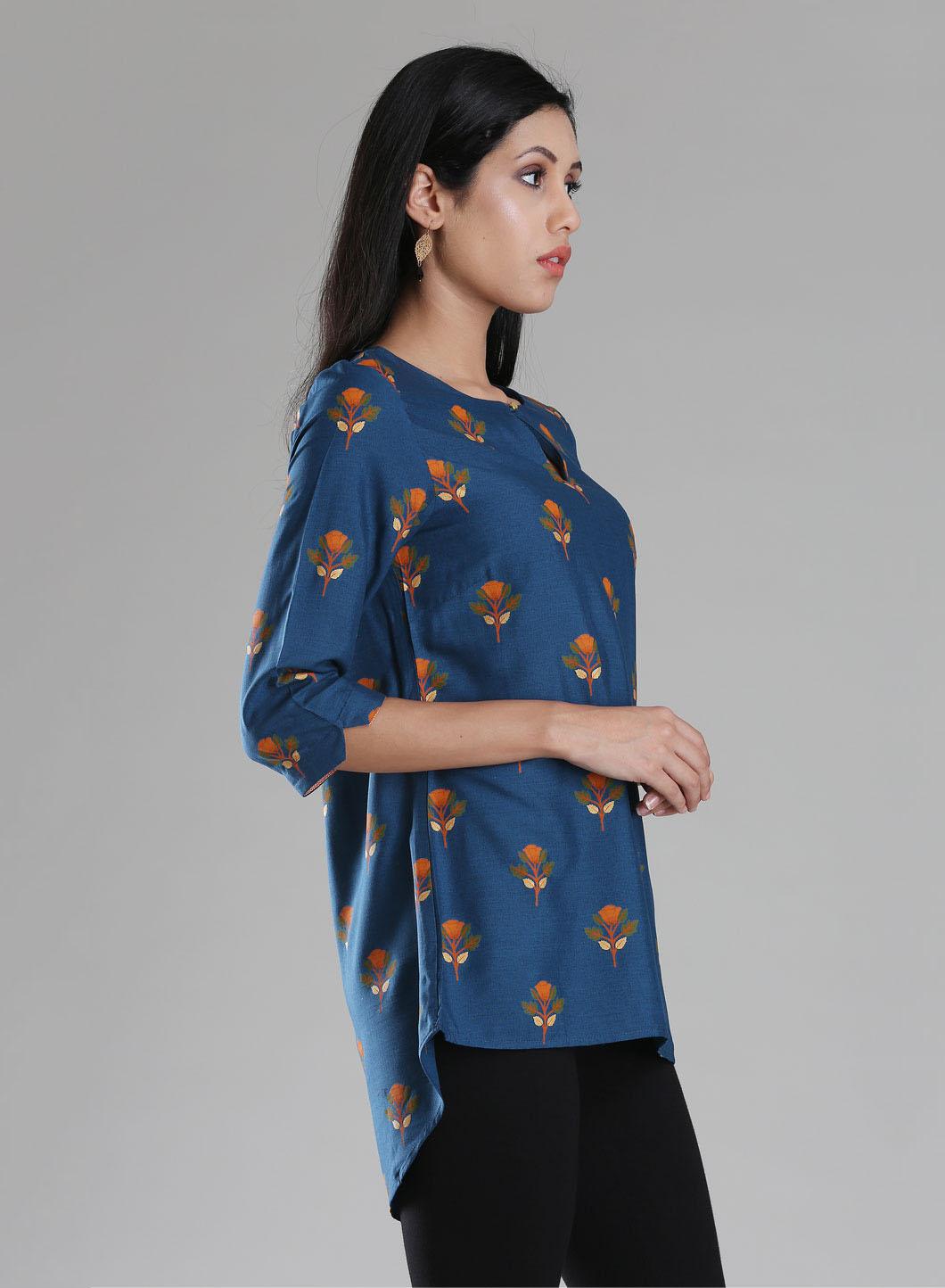 W for Woman Navy Round Neck Printed Top