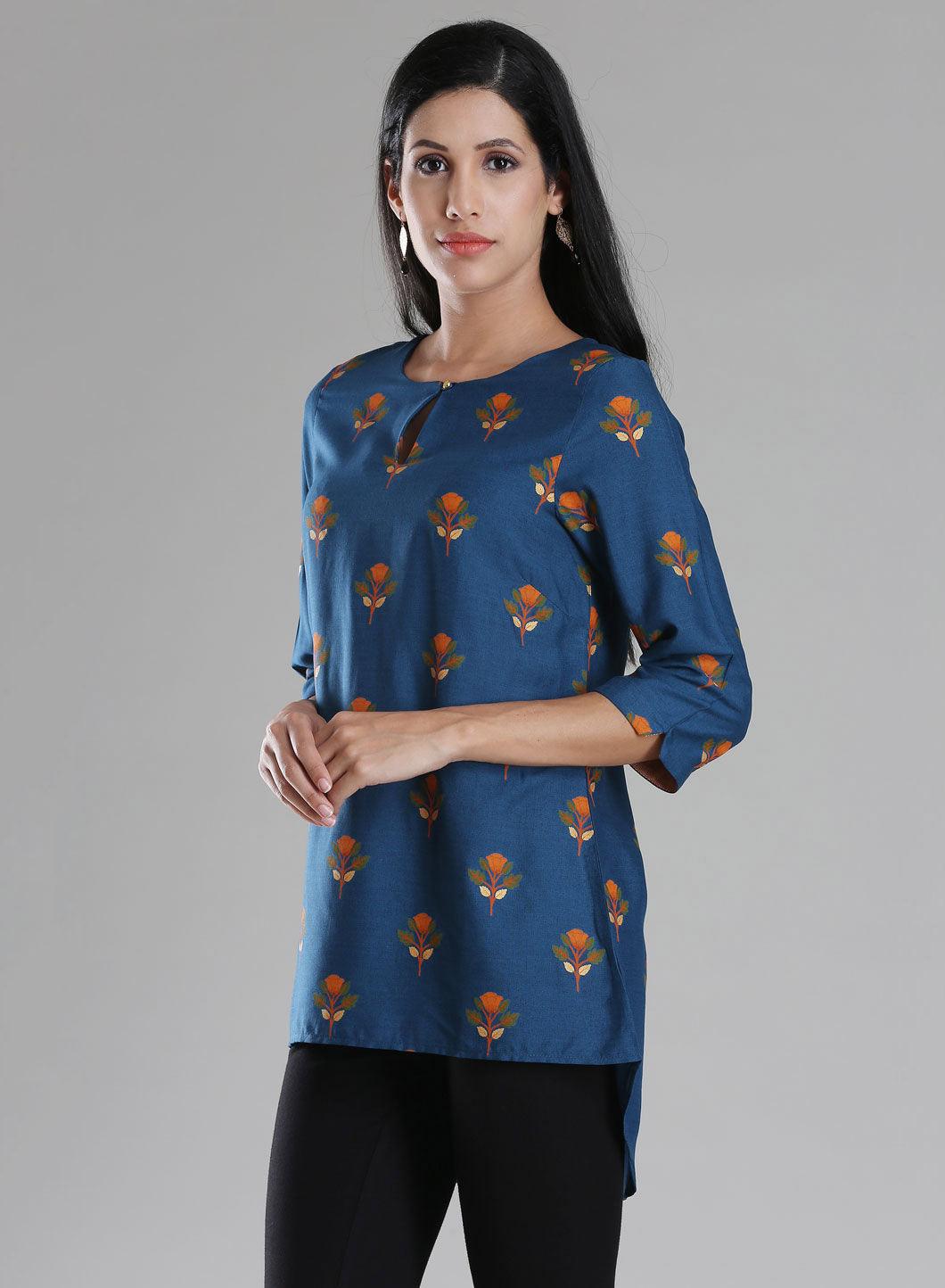 W for Woman Navy Round Neck Printed Top