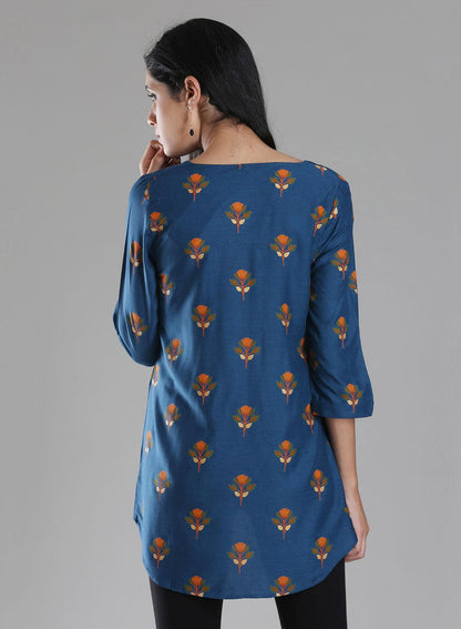 W for Woman Navy Round Neck Printed Top