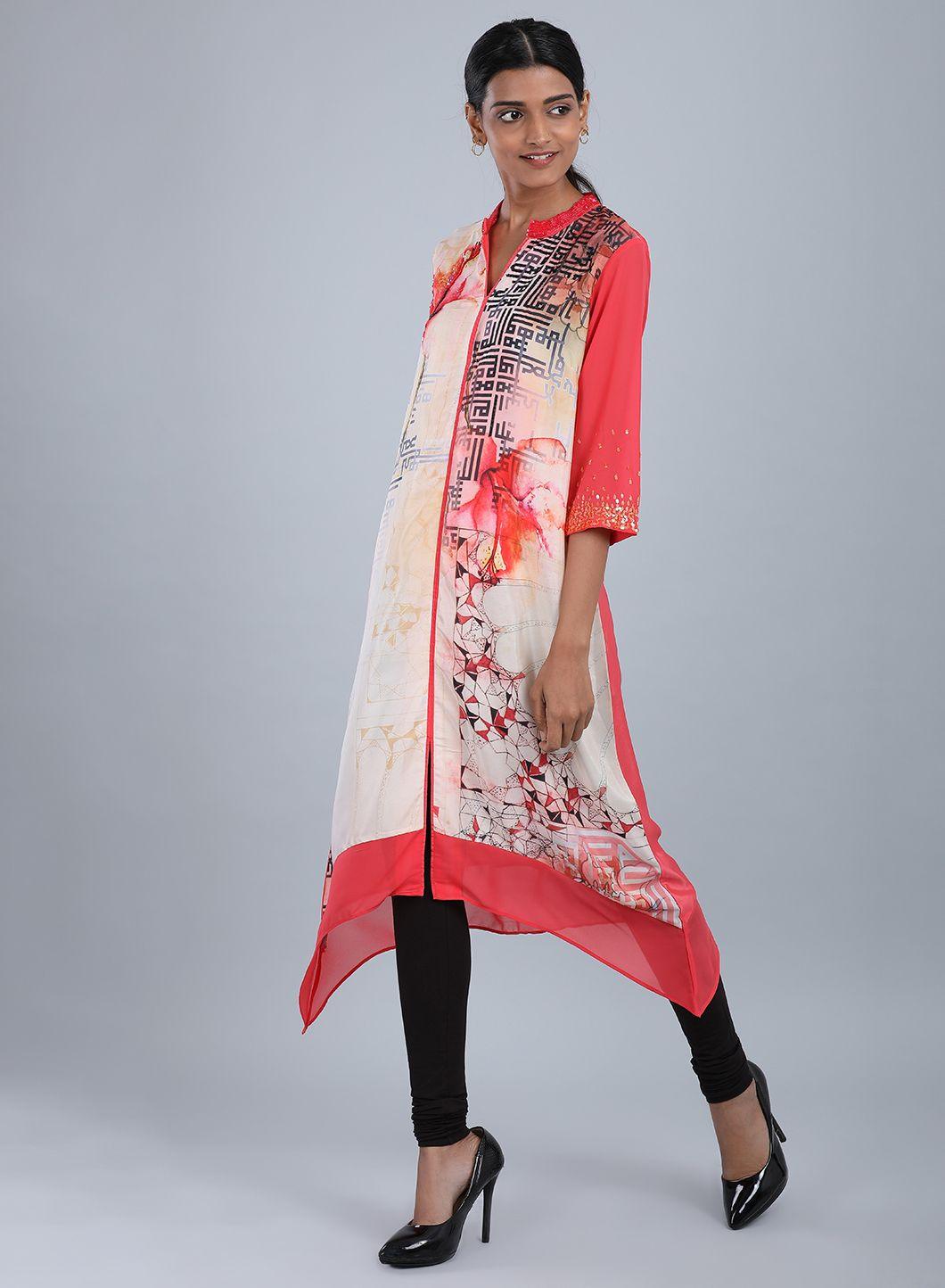 W for Woman Rose Pink Mandarin Neck Floral Print kurta