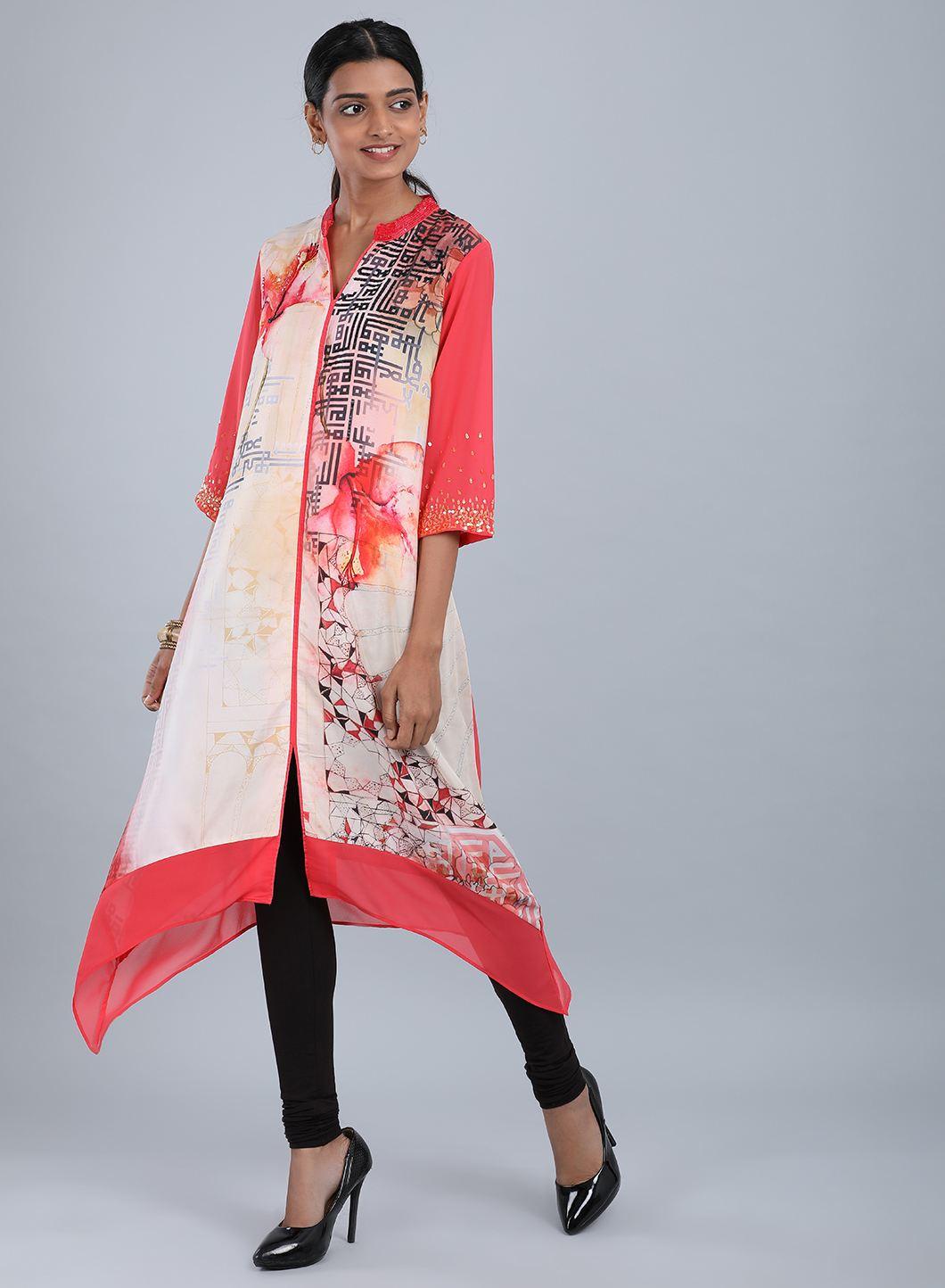 W for Woman Rose Pink Mandarin Neck Floral Print kurta