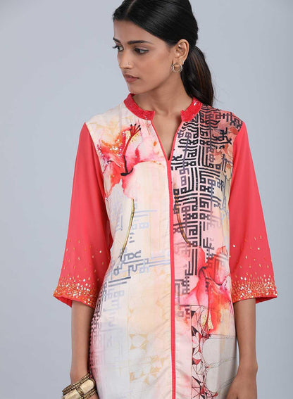 W for Woman Rose Pink Mandarin Neck Floral Print kurta