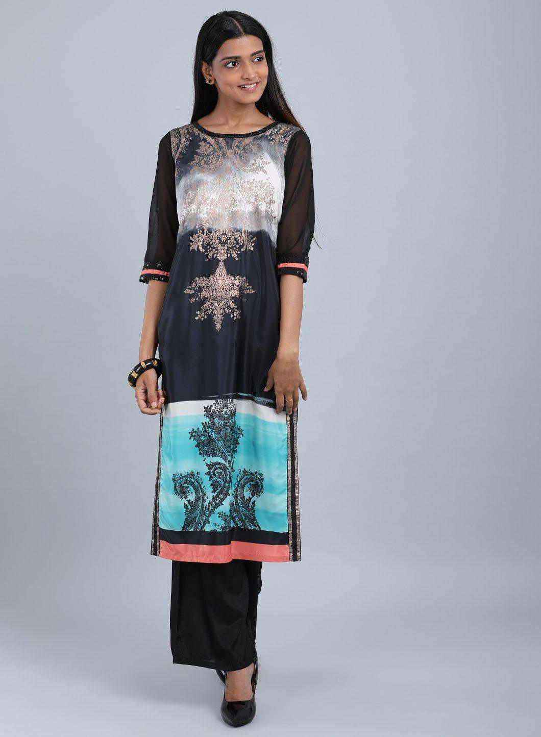 W for Woman Black Round Neck Embellished kurta