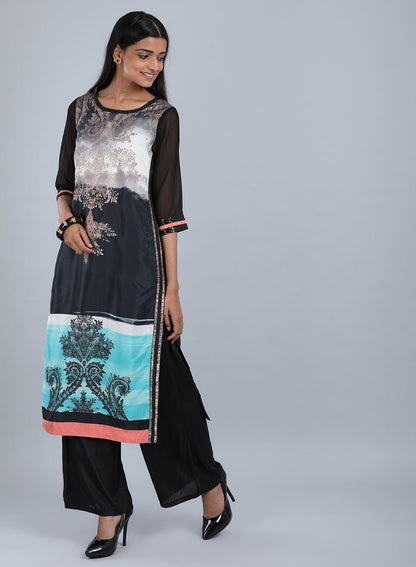 W for Woman Black Round Neck Embellished kurta