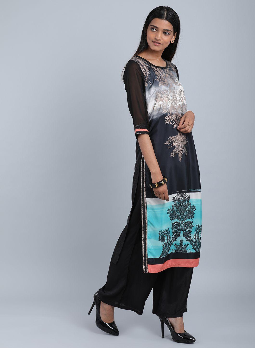 W for Woman Black Round Neck Embellished kurta