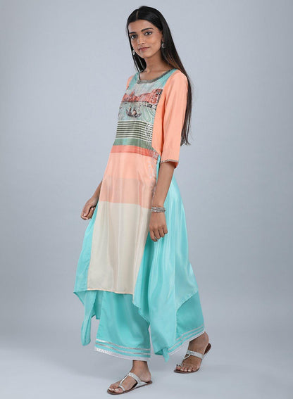 W for Woman Blue & Peach Round Neck Asymmetrical kurta