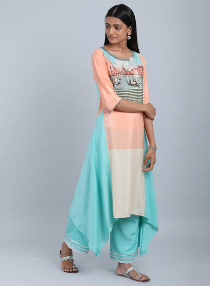 W for Woman Blue & Peach Round Neck Asymmetrical kurta