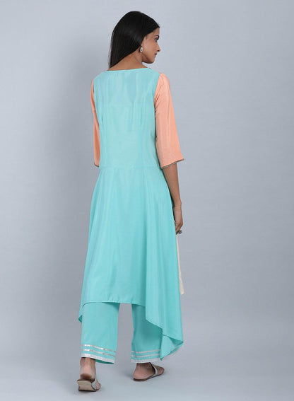 W for Woman Blue & Peach Round Neck Asymmetrical kurta