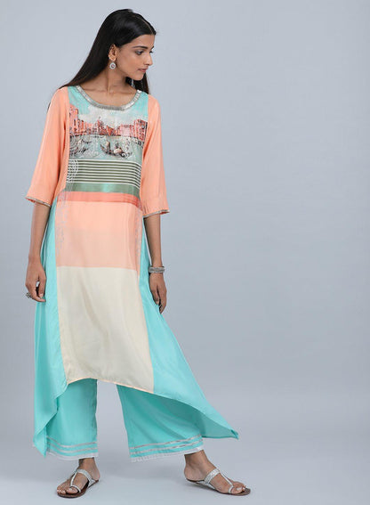 W for Woman Blue & Peach Round Neck Asymmetrical kurta