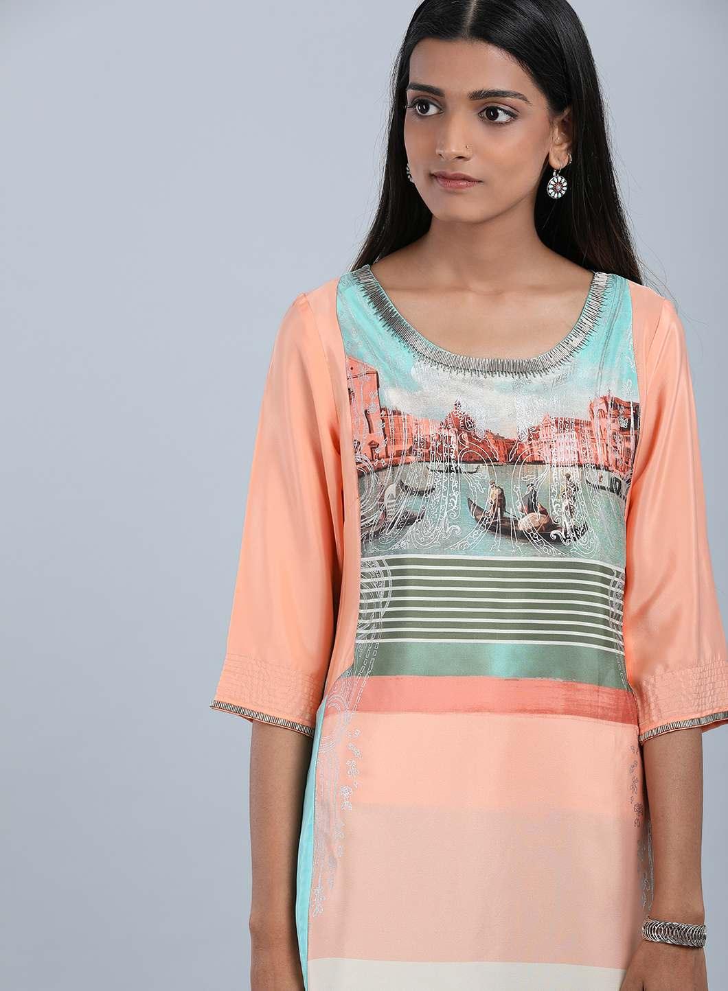 W for Woman Blue & Peach Round Neck Asymmetrical kurta