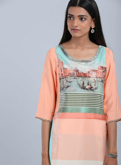 W for Woman Blue & Peach Round Neck Asymmetrical kurta