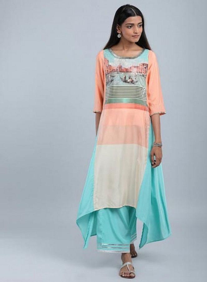 W for Woman Blue & Peach Round Neck Asymmetrical kurta